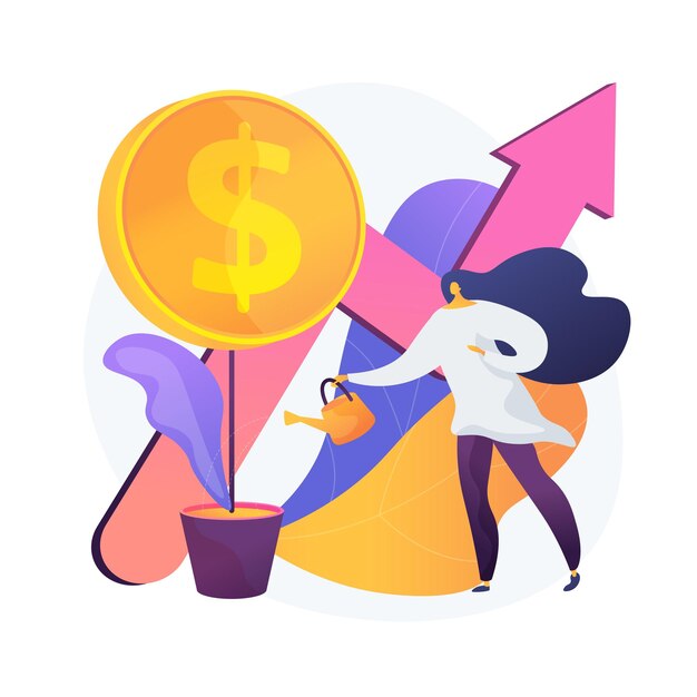 Financial investment. Market trends analysis, investing in lucrative areas, focusing on profitable projects. Businesswoman funding business project. Vector isolated concept metaphor illustration