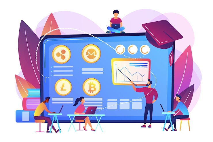 Free Vector financial literacy education, e business school. cryptocurrency trading courses, crypto trade academy, learn how to trade cryptocurrency concept.
