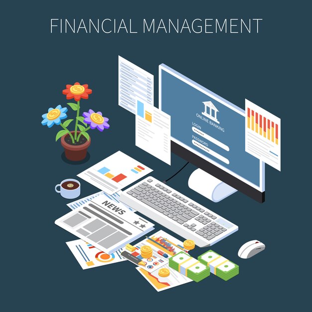 Financial management isometric composition with money economic information and online banking on dark