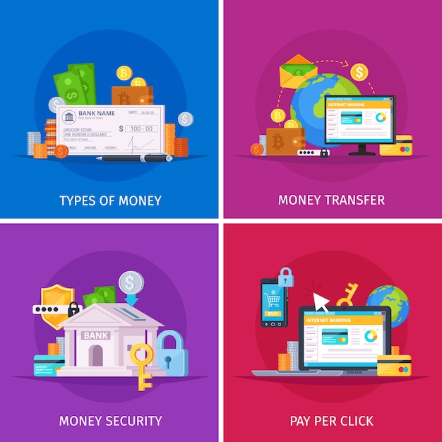 Free vector financial technology flat orthogonal colorful icons square concept with online payments money transfer security