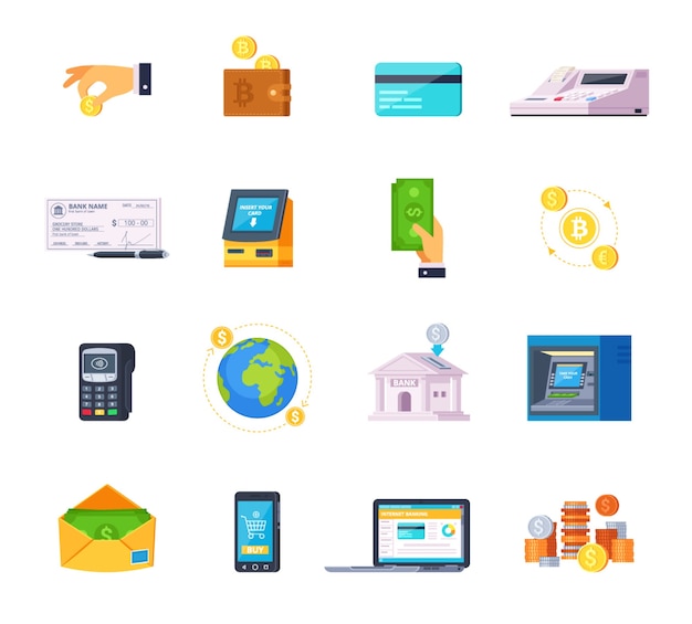 Free vector financial technology orthogonal flat icons set with credit cards online banking and automated teller machine