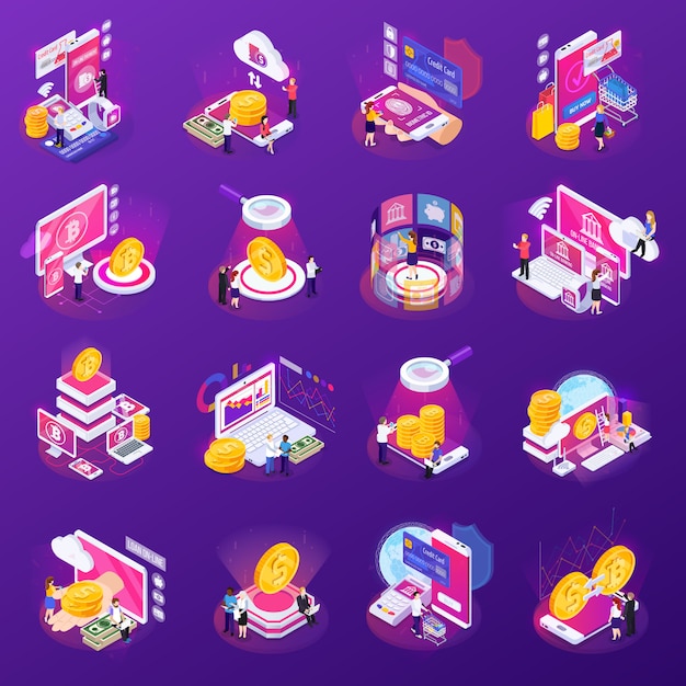 Financial technology set of isometric icons with glow on purple  isolated