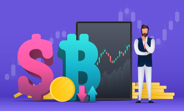 Financial trading banner. a businessman is pondering an idea. gold coins, tablet, chart. dollar and bitcoin icon. vector.
