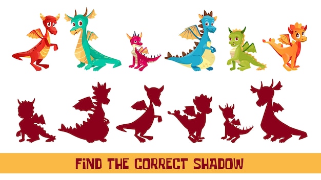 Find correct shadow kid puzzle illustration. cartoon children quiz game to match shadow