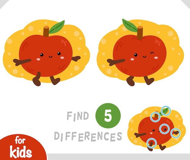 Find differences educational game for children, cartoon cute character apple