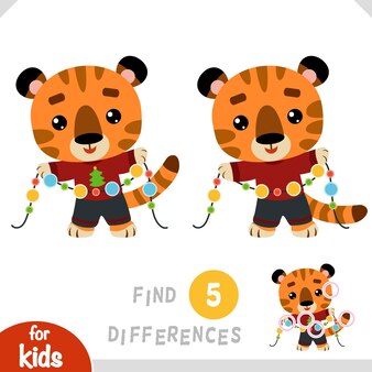 Find differences, educational game for children, christmas character tiger and garland