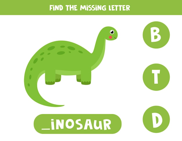 Найдите пропавшую букву. милый мультяшный зеленый динозавр. развивающая орфографическая игра для детей.