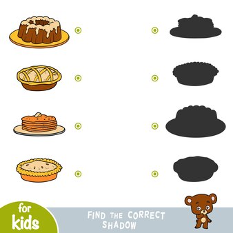 子供のための正しい影、教育ゲームを見つけてください。食べ物のセット-パンケーキ、ケーキ、パイ