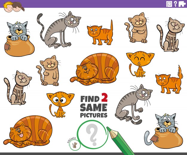 子供のための2つの同じ猫キャラクターゲームを見つける プレミアムベクター 子供のための2つの同じ猫キャラクターゲームを見つける プレミアムベクター