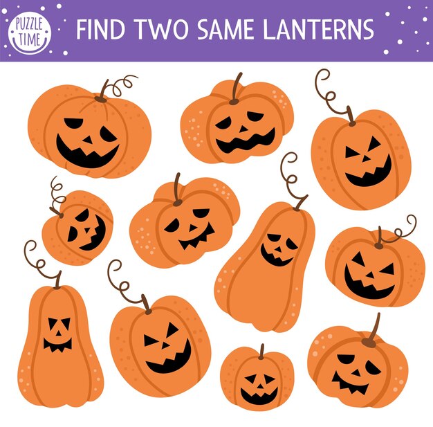 2つの同じジャックオランタンを見つけます 子供のためのハロウィーンのマッチング活動 子供のための面白い教育秋の論理クイズワークシート 怖いカボチャのランタンを使ったシンプルな印刷可能なゲーム プレミアムベクター