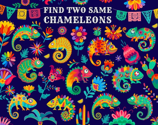 Find two same mexican chameleon lizards, kids game riddle, vector. find similar objects, puzzle or tabletop game worksheet with mexican cactus and flowers on papel picado or fiesta flags Premium Vector