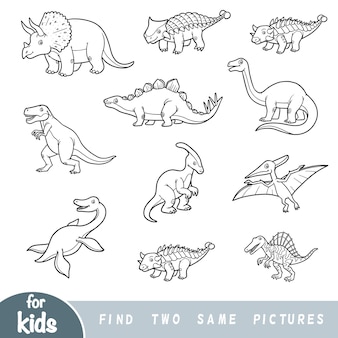 Find two the same pictures, education game for children. black and white set of dinosaurs
