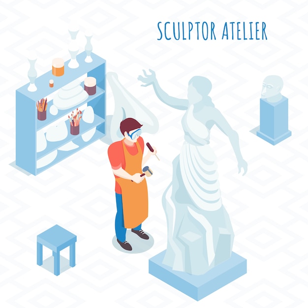 Fine artist at work isometric composition with sculptor carving stone stature with hammer and chisel illustration