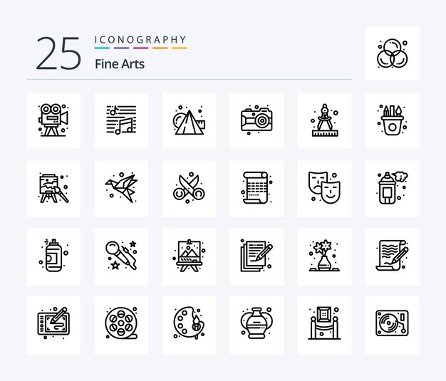 Fine Arts 25 Line icon pack including camera arts song art paint