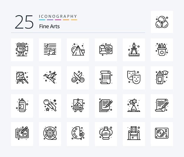 Fine Arts 25 Line icon pack including camera arts song art paint
