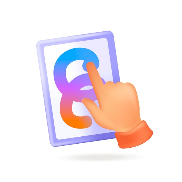 Палец человека, рисующего на иллюстрации экрана планшета 3d. рука дизайнера или цифрового художника и электронное устройство в 3d стиле на белом фоне. технологии, творчество, мультимедийная концепция