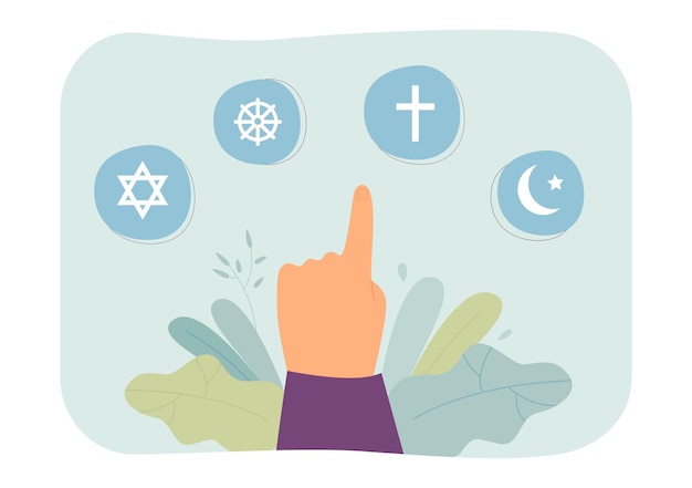 Бесплатное векторное изображение Палец, указывающий на знаки мировых религий. плоская векторная иллюстрация. знак христианства, ислама, буддизма, иудаизма. духовность, концепция веры для баннера, дизайна веб-сайта или целевой веб-страницы