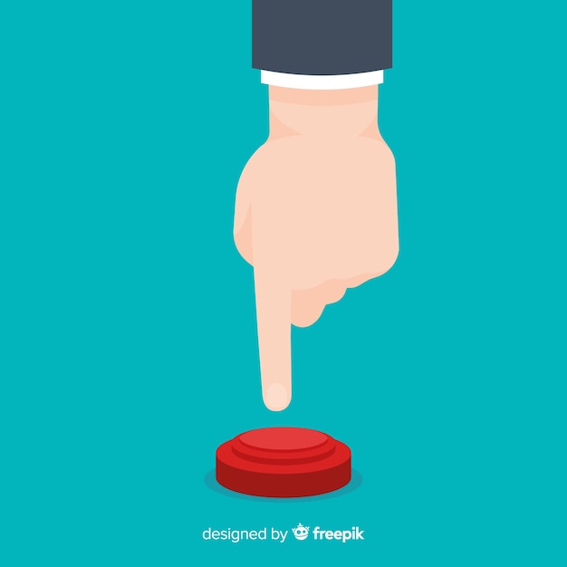 Free vector finger pressing red start button in flat design