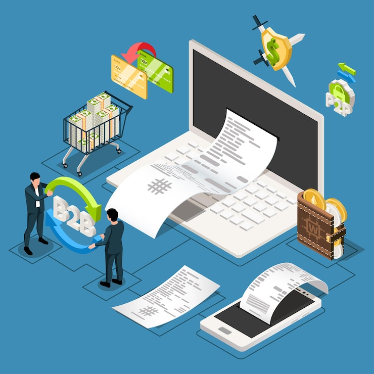 Free Vector fintech isometric composition with icons and pictograms of cash wallets and payment transactions with receipt bills vector illustration