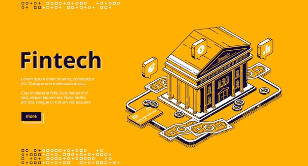 Fintech Isometric Landing Page With Bank Building And Money. Financial Technologies, Digital Solutions For Banking Business. Software And Mobile App For Finance Services, 3d Line Art Web Banner