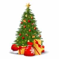 무료 벡터 장식, 선물 및 산타 모자와 전나무 트리