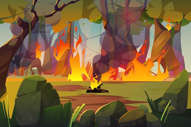 Free vector fire in camping and burning forest illustration