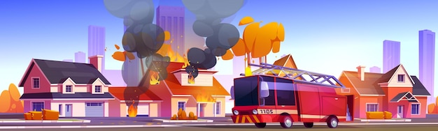 Fire in city building and truck to rescue cartoon autumn illustration burning house insurance incident in town firetruck emergency service near residential apartment with smoke from window panorama