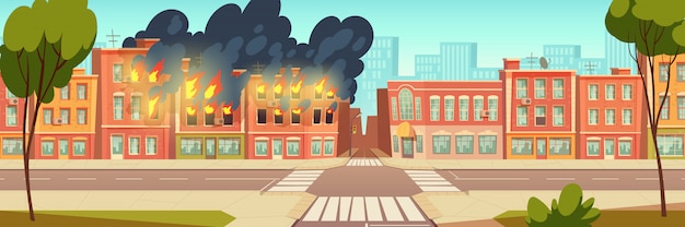 Free vector fire in city house, burning building cartoon