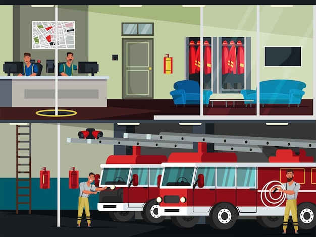 Fire department fireman station two storey building interior Firemen in professional uniform and emergency service operators characters working