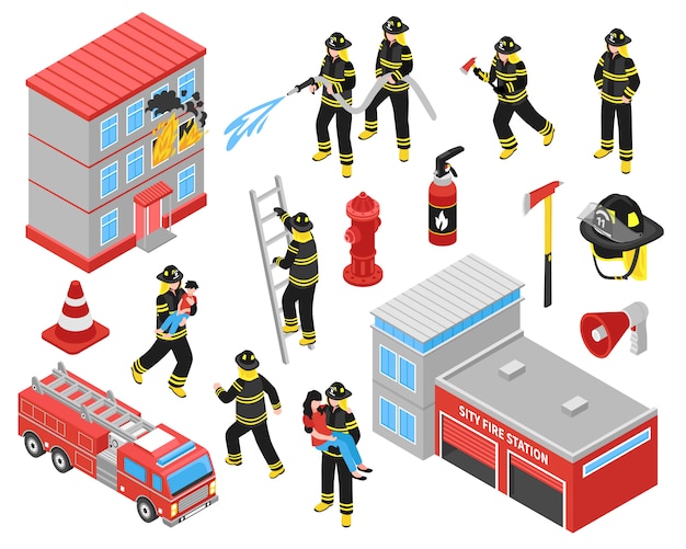 Бесплатное векторное изображение Пожарная служба изометрические иконы set