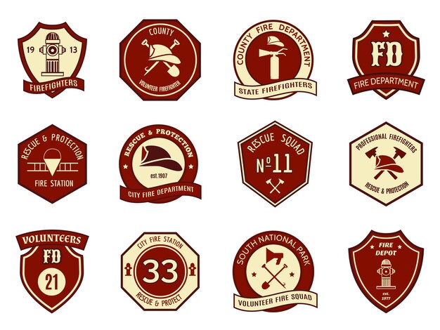 Fire department logo and badges set. Symbol protection, shield emblem, axe and fireman, hydrant and helmet.