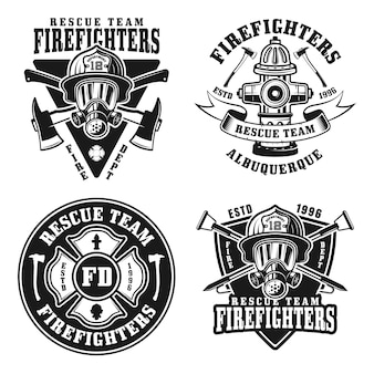 Fire department set of four vector isolated emblems, badges, labels or logos in vintage black and white style
