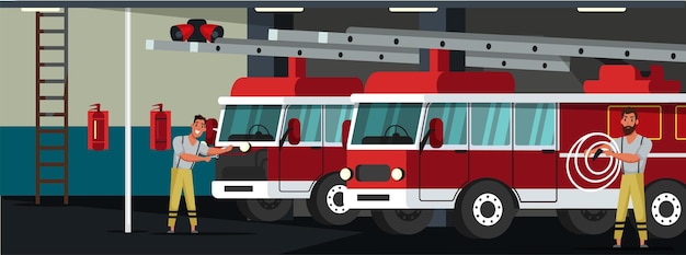 Free vector fire department station with fireman in professional uniform male characters emergency service building interior rescuer firefighter trucks indoor