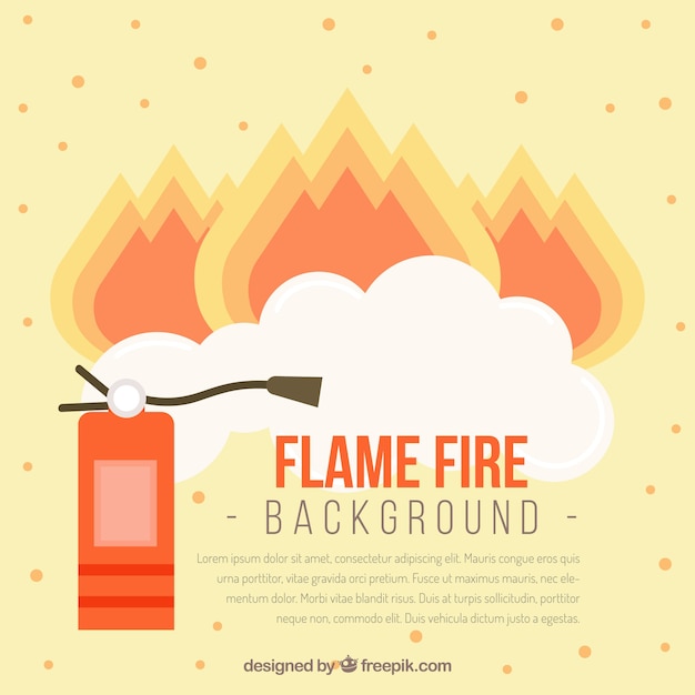 Fire extinguisher background and flames in flat design