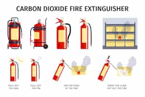 Vettore gratuito set di estintori con icone isolate di bottiglie con tappo antincendio a anidride carbonica con didascalie di testo modificabili illustrazione vettoriale