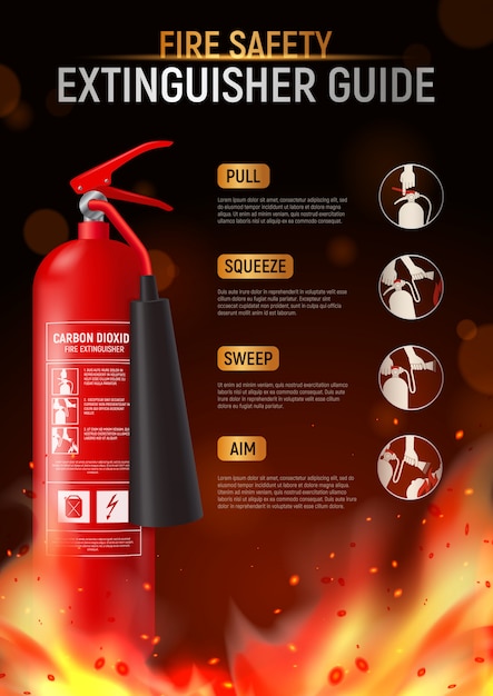 Vettore gratuito manifesto verticale dell'estintore con la grande immagine della fiamma del pompiere e testo editabile con l'illustrazione dei pittogrammi