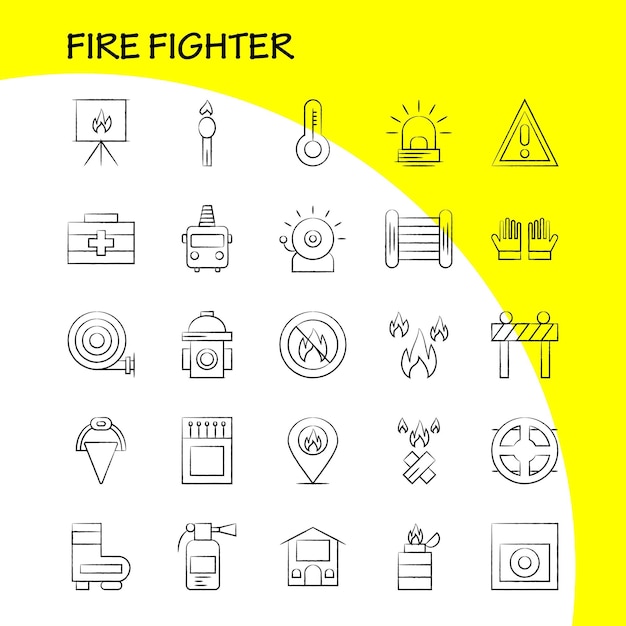 웹 인쇄 및 Burn Fighter Fire Fireman Barrier Board Fighter Fire Pictogram Pack Vector와 같은 모바일 UXUI 키트용 소방관 손으로 그린 아이콘