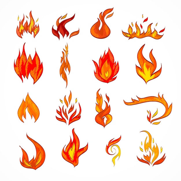 Огненный пламя гореть факел набор иконок изолированных векторных иллюстраций