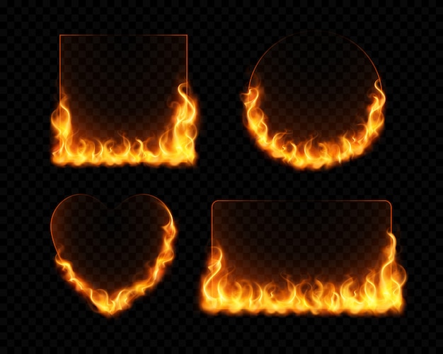 Free vector fire flame frames realistic set of burning geometrical figures on dark transparent background isolated