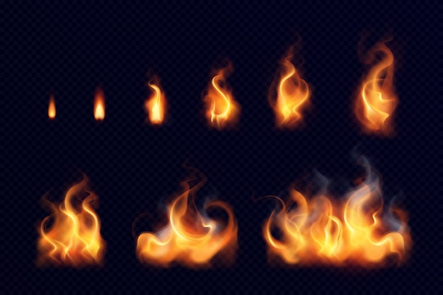 Fire flame realistic set of small and big bright elements on black background isolated