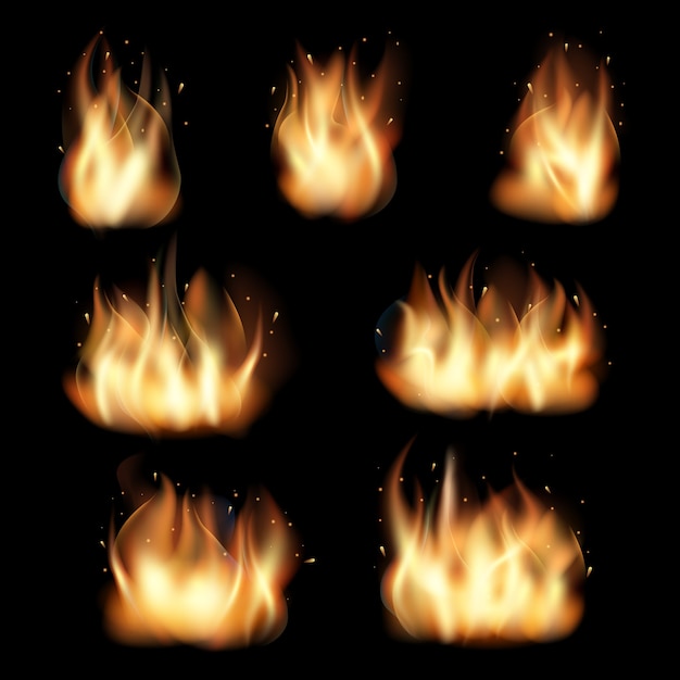 Free vector fire flames set on black background. burn heat, flame and wildfire, energy vector illustration