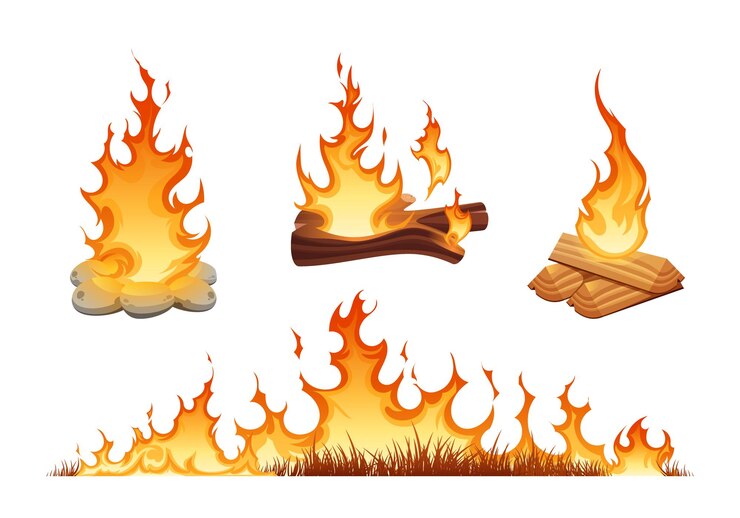 मुफ़्त वेक्टर fire flames set in flat style with burning wood grass and campfire fenced with stones isolated vector illustration
