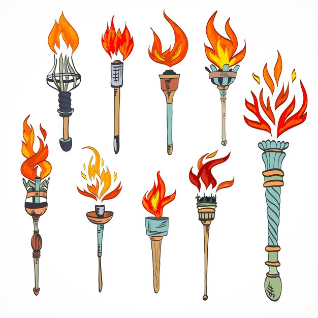 Огненный свет пламени ретро эскиз факел иконки набор изолированных векторных иллюстраций