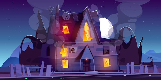 Free vector fire in house at night burning suburban cottage with flame in windows