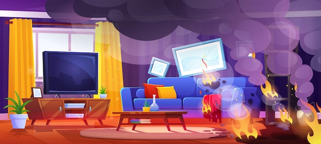 Бесплатное векторное изображение Пожар в гостиной на фоне мультфильма
