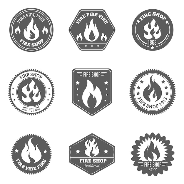 Fire shop emblems icons set black