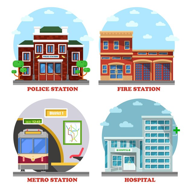 Fire station and hospital building metro and police station