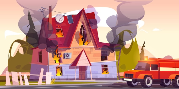 Free vector fire truck at burning house suburban cottage in flame with long tongues