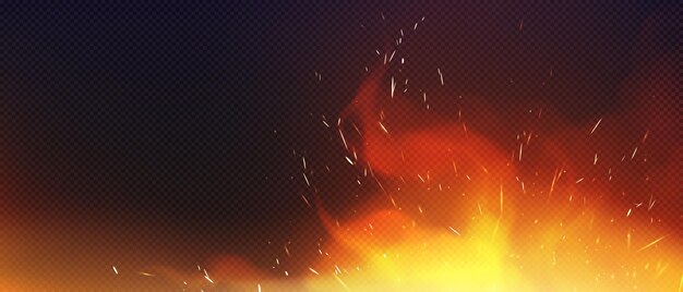 Fire with sparkles and smoke isolated on transparent background