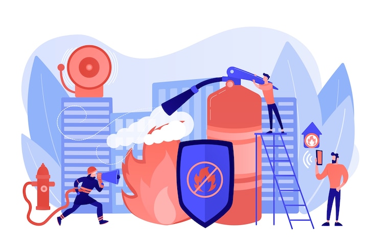 Free Vector firefighter extinguishing flame character. rescuer dangerous job. fire protection, fire prevention technologies, fire protection services concept. pinkish coral bluevector isolated illustration